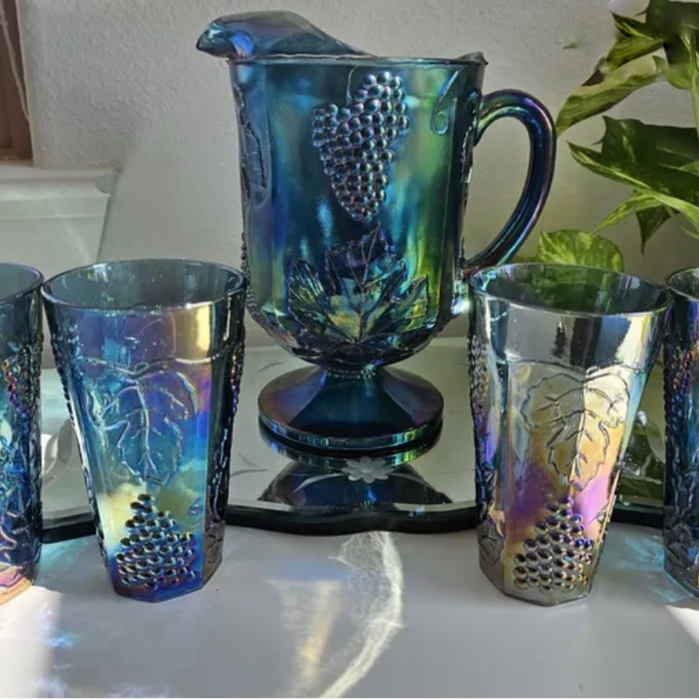 Iridescent Blue Glass Pitcher and Tumbler Set